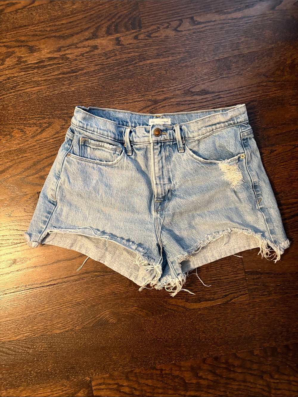 Good American Light Blue Distressed Cutoff Denim Shorts